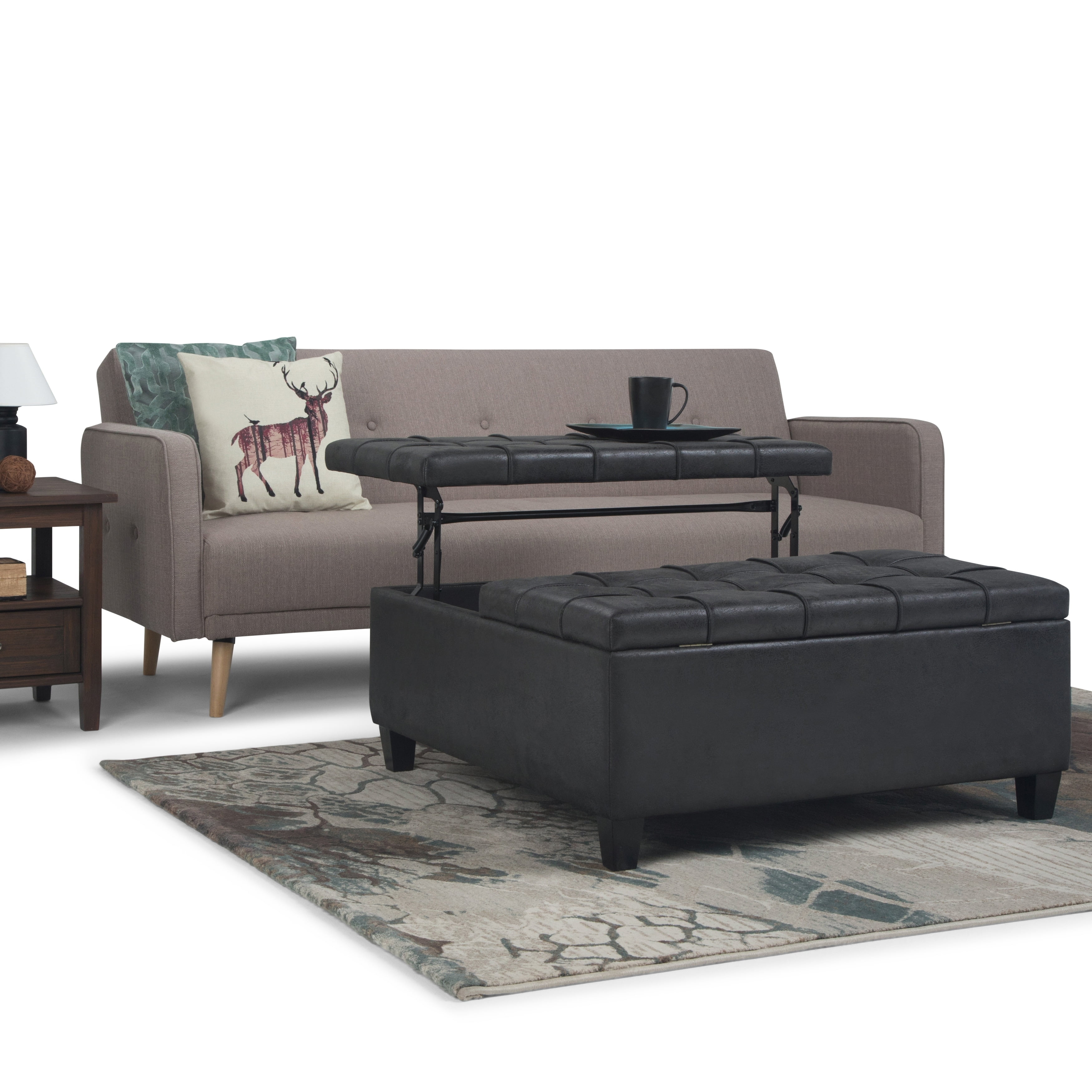 Wyndenhall Elliot Transitional Table, Black Leather Square Ottoman Coffee Table