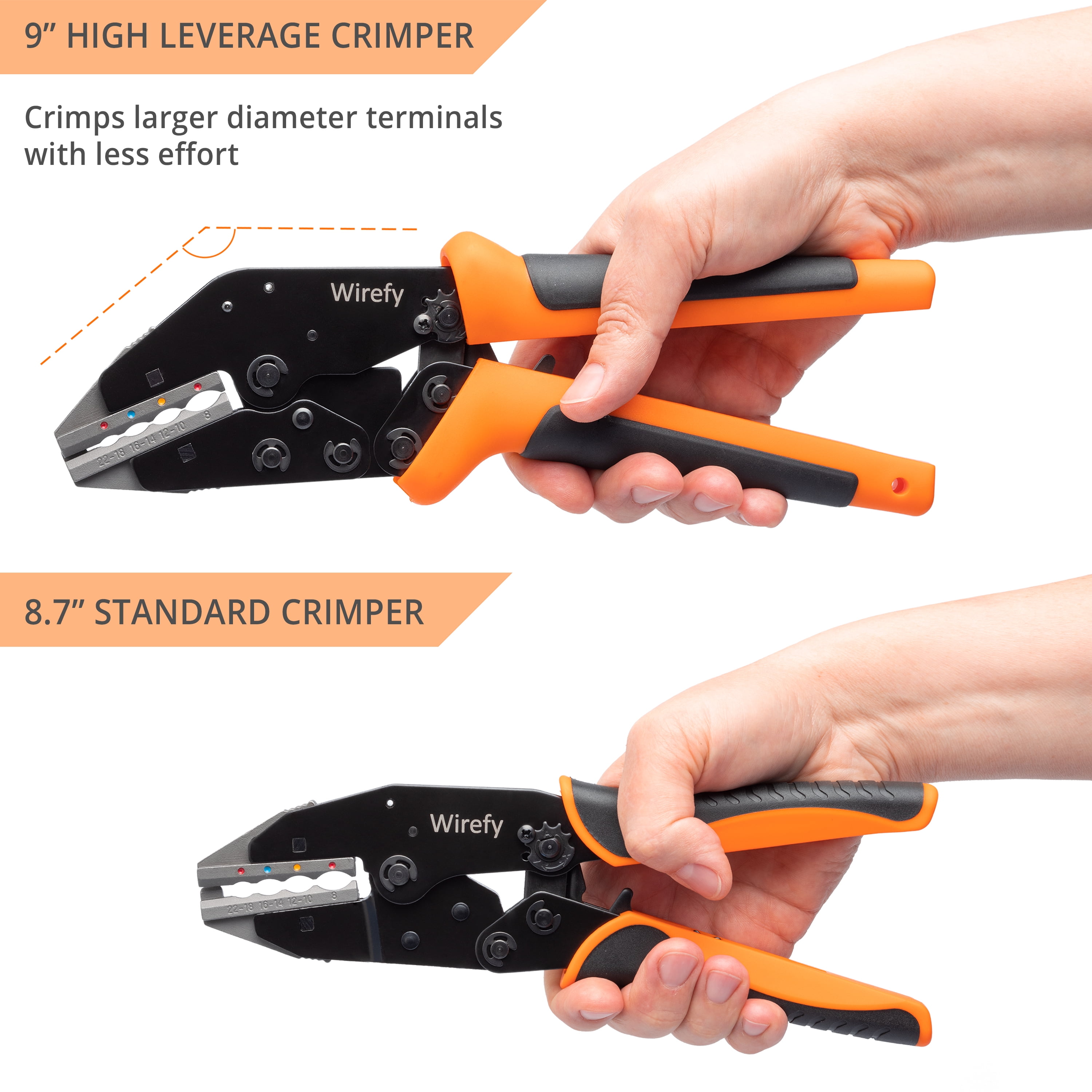 Wirefy High Leverage Wire Crimping Tool, Non-Insulated Nylon Connectors, 9", Set of 11