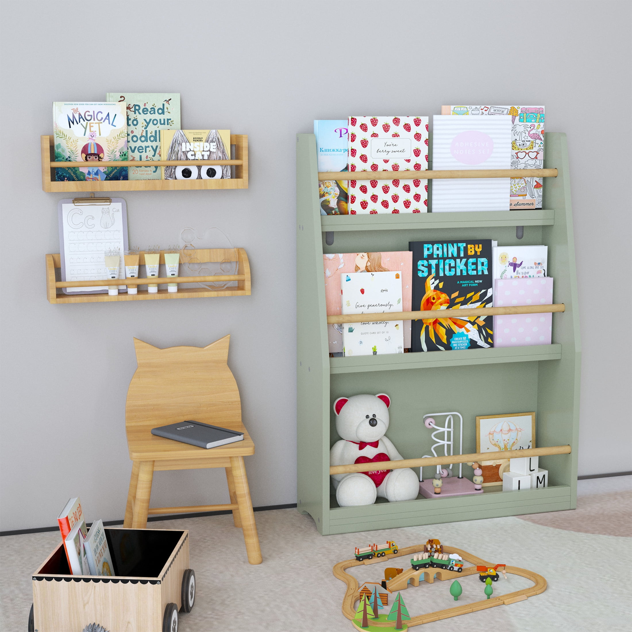 Noble House Sage 3-Tier Kids Book Shelf, Front-Facing Toddler Book Rack for Bedroom, Playroom or Nursery, Sage