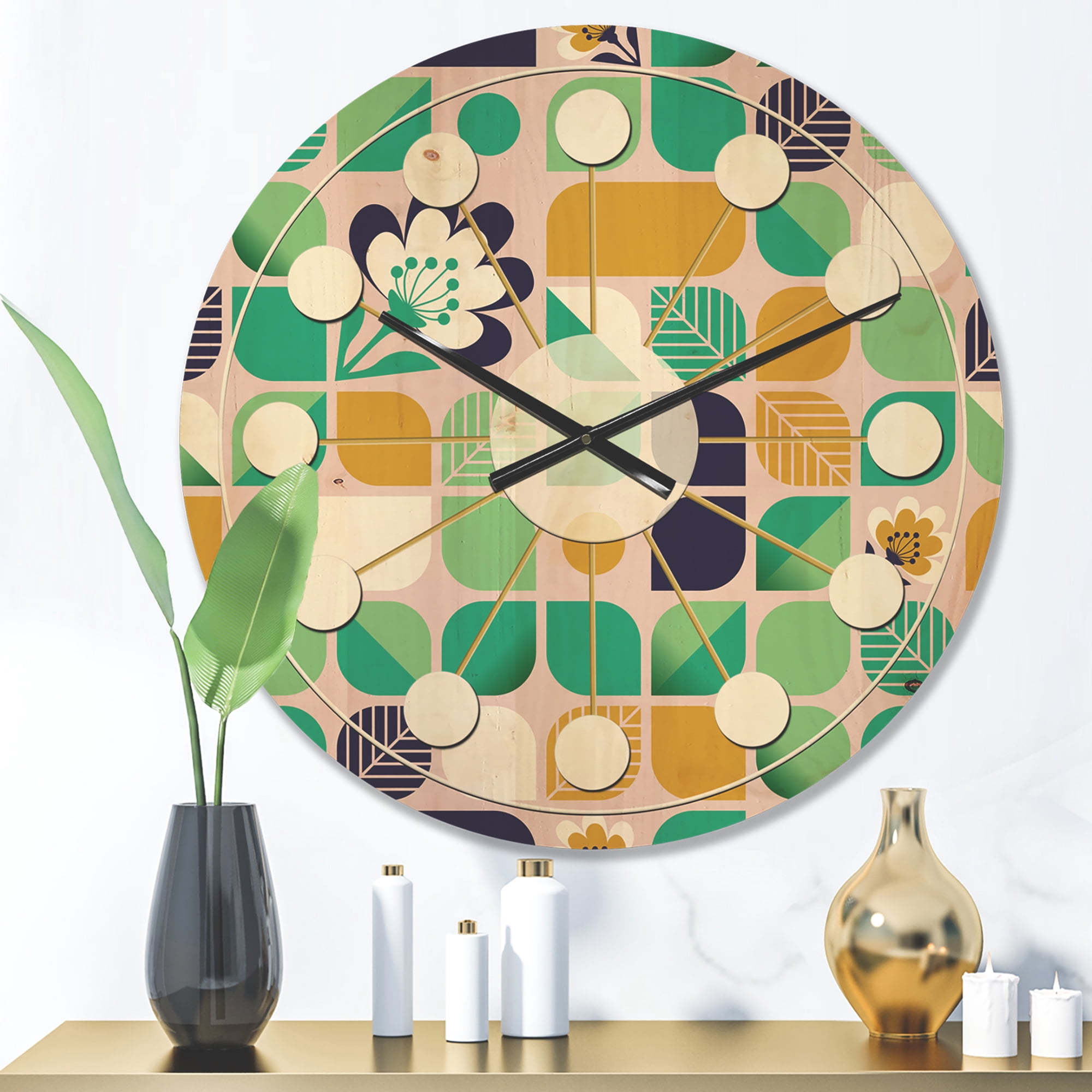 Designart 'Leaves and Flowers With Geometric Pattern' Mid-Century Modern Wood Wall Clock