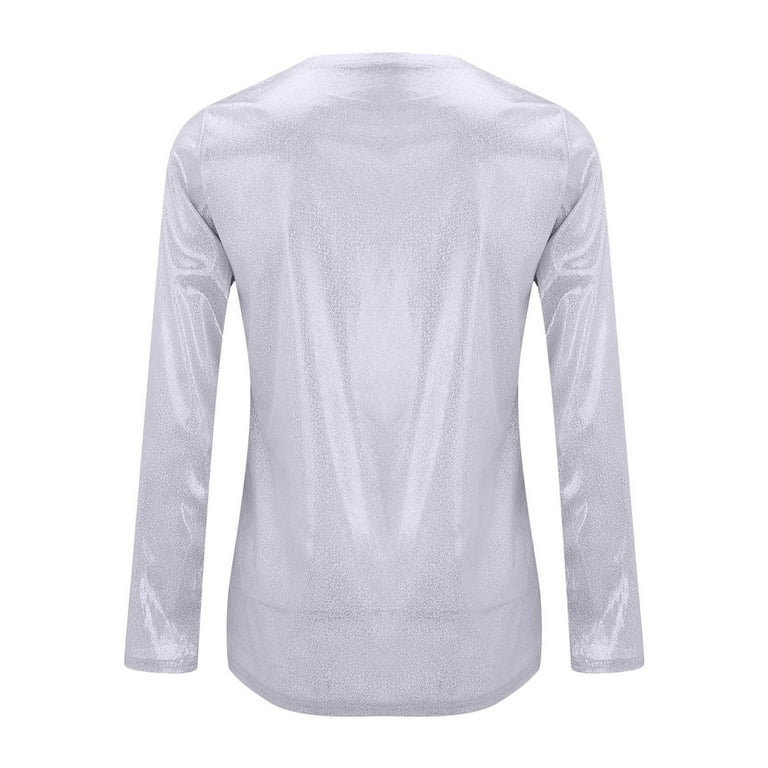 White Young Adult Tops Solid Color Reflective Shiny Metallic