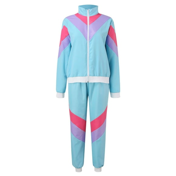 2DXuixsh Adult 80S Tracksuit Retro Hip Hop Windbreaker Disco Tracksuit Sets Patchwork Color Outfits Set Workout Sets for Women Outfits Blue Size S