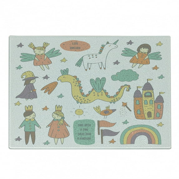 Fantasy Cutting Board, Doodle Style Dragon Fairies Royalty and Wizard Middle Ages Heroic Elements, Decorative Tempered Glass Cutting and Serving Board, Small Size, Multicolor, by Ambesonne