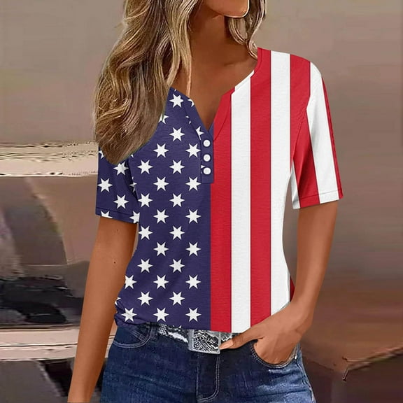 Red White and Blue Blouses for Women American Flag Women Shirts Fourth of July Shirt Women Memorial Day Shirts Women's Casual Independence Day Printed Short Sleeve V-Neck Top