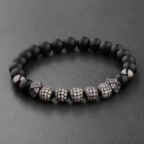 EOEMY Luxury Micro Pave Cz Ball Crown Matte Agate Bead Charm Bracelets Couple Jewelry-Gun Black Plated