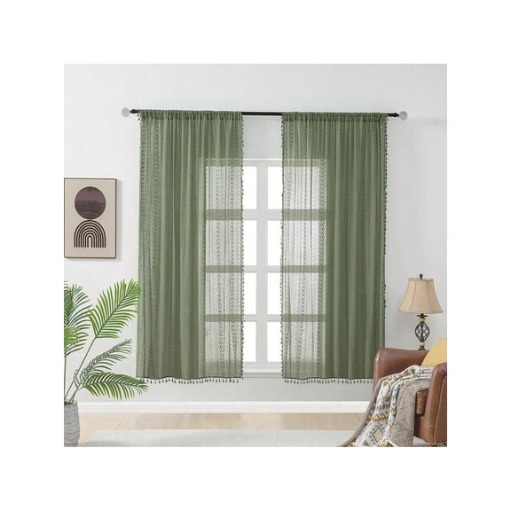 Oliver Green Curtains 63 Inch Long Boho Sheer Lace 2 Panel Rod Pocket Retro Crochet Light Filtering For Living Room Bedroom 59inchWx63inchL Crochet01-oliverGreen
