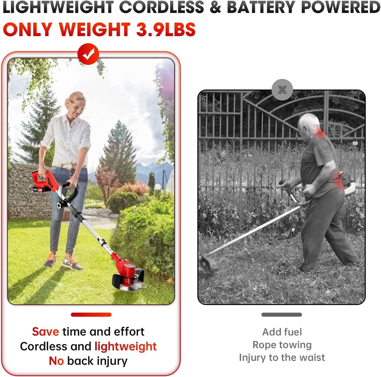 Electric Cordless Weed Wacker, 3-in-1 Small Lightweight Push Lawn Mower Edger Lawn Tool, Grass Trimmer Brush Cutter with 3 Types Blades and 2Pcs 2Ah Rechargeable Battery Powered for Garden Yard