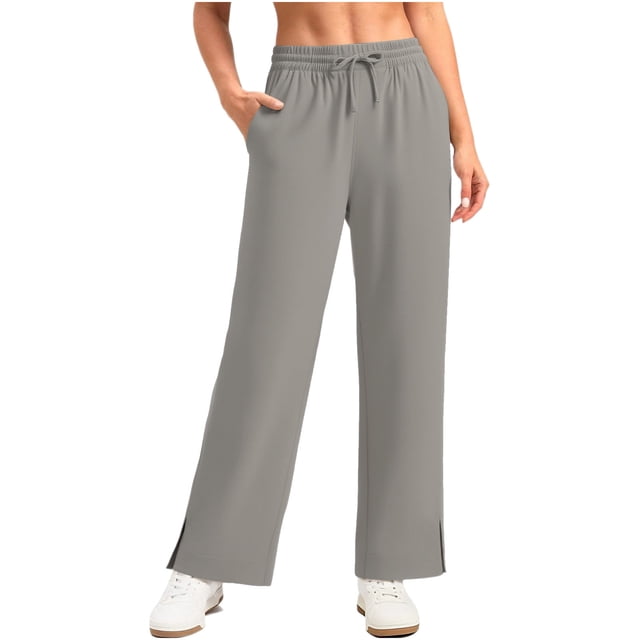 FRSASU Womens Wide Leg Pants Sun Protection Casual Loose Drawstring Side Split Pants with Pockets Gray L(L)