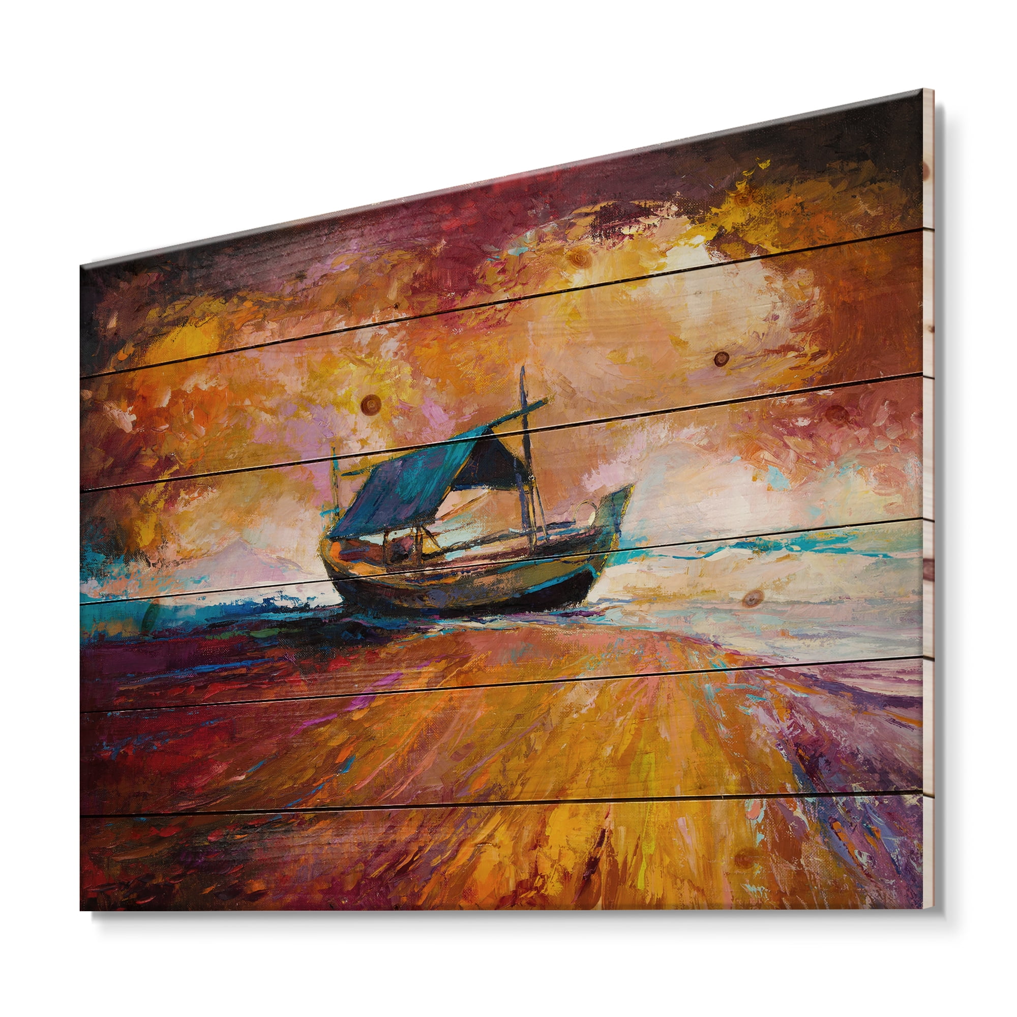 Designart 'Traditional Fisherboat During Ocean Evening Glow' Nautical & Coastal Print on Natural Pine Wood
