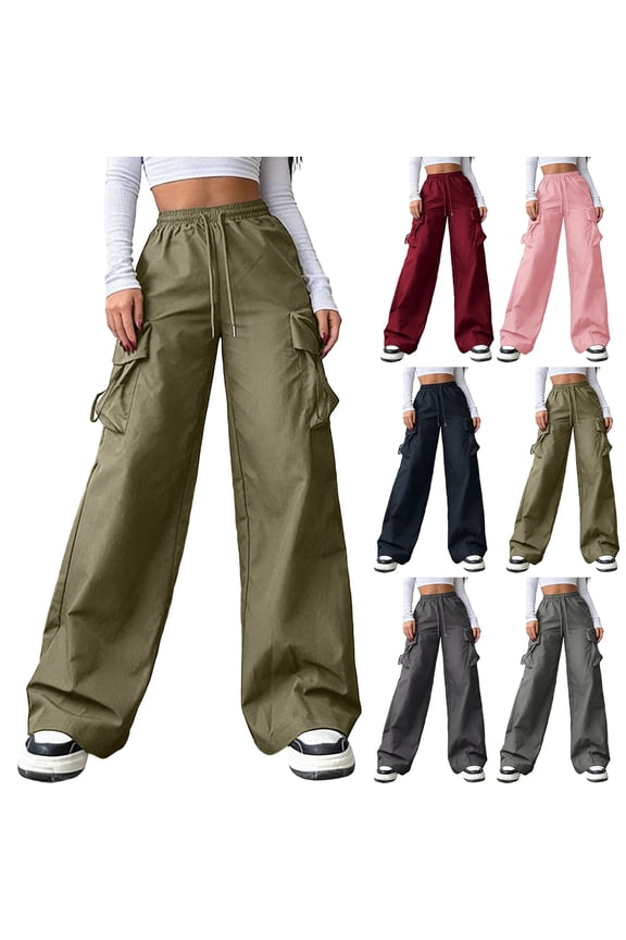 Ladies Drawstring Multi Flap Pocket Cargo Wide Leg Pants Loose High Waist Casual Streetwear Outdoor Trouser Gray XS