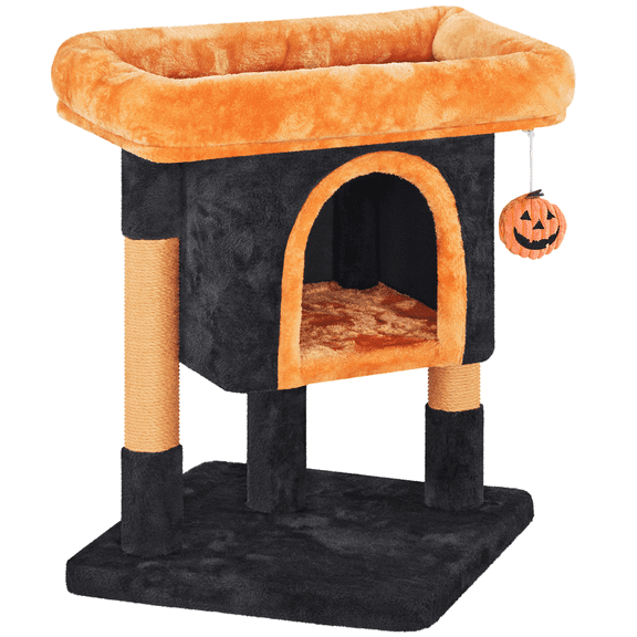Alden Design 23″ Tall Cat Tree with Condo & Wide Perch, Black/Pumpkin Orange