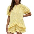 thumbnail image 2 of adviicd Womens 2 Piece Ruffle Pajama Set Gingham Pjs Short Sleeve Babydoll Shirt and Shorts Plaid Sleepwear Outfits (Yellow, S), 2 of 9