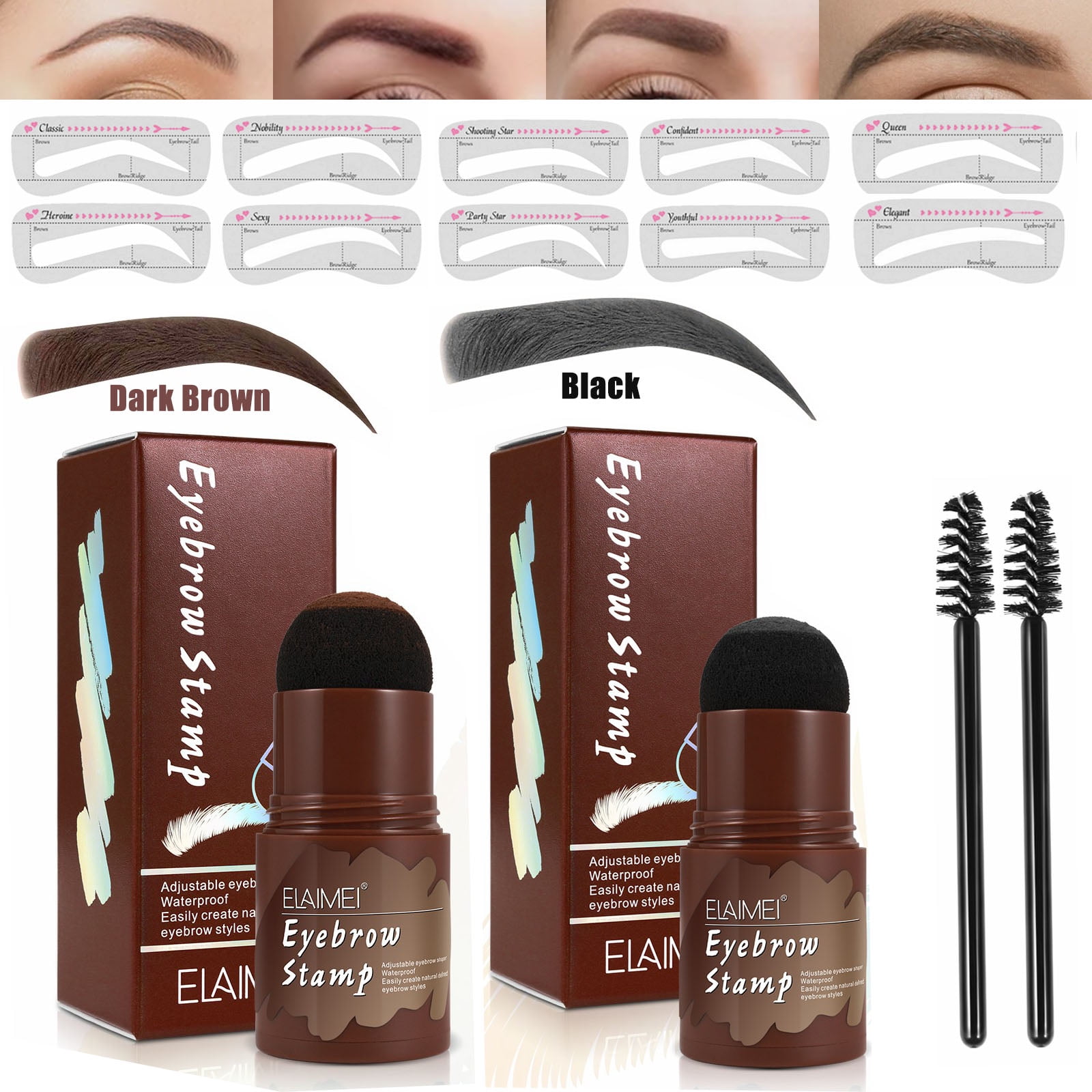 Elaimei Eyebrow Stamp Stencil Kit (Dark Brown + Black) One Step Natural