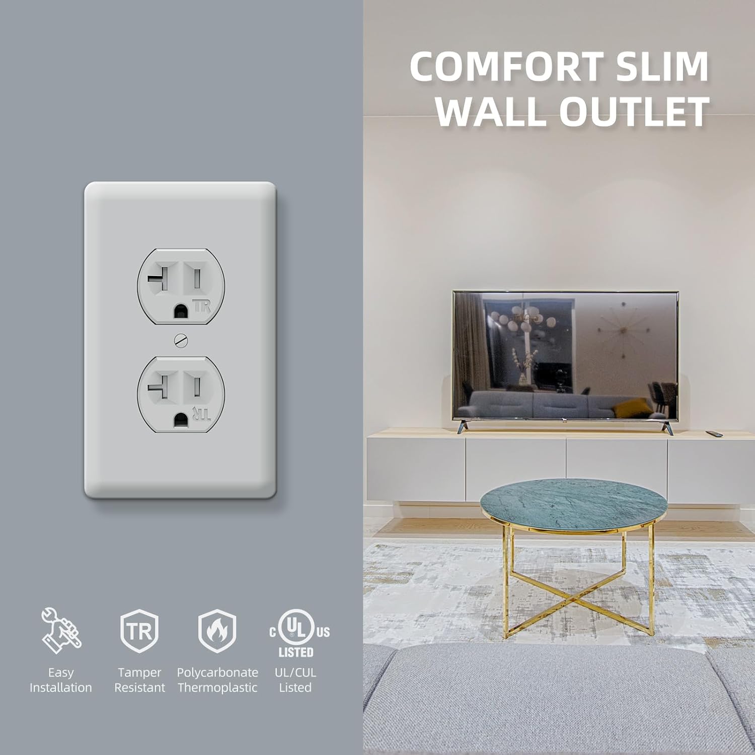 Tamper Resistant Duplex Receptacle, Gray Residential Grade Electrical Wall Outlet, Self-Grounding, 20A/125V, 2 Pole 3 Wire, UL Listed, 10 Pack