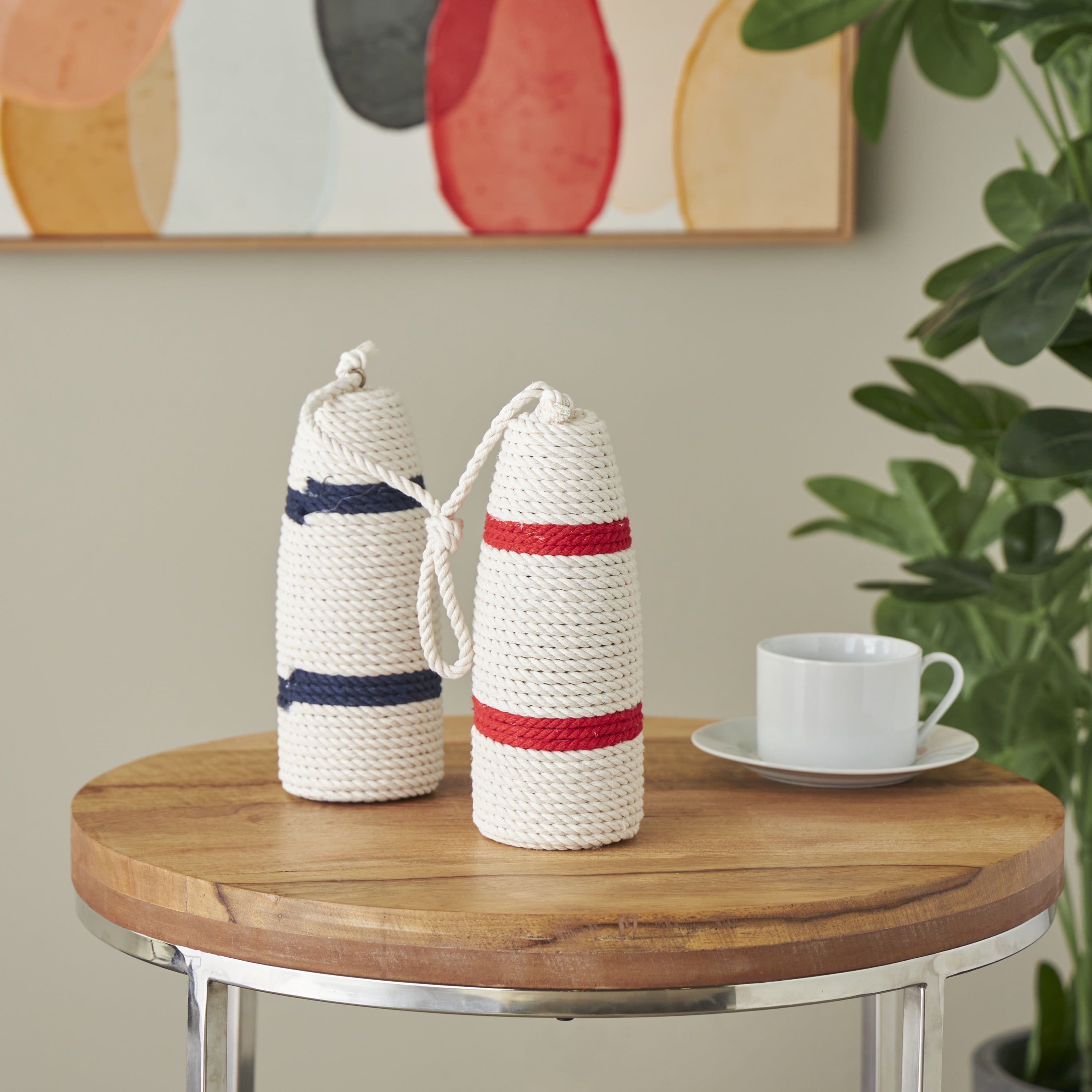 7"W, 10"H White Wood Handmade Coiled Striped Rope Buoy Sculpture with Joined Hanging Handle, by DecMode (2 Count)