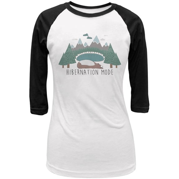 Autumn Bear Hibernation Mode Juniors 3/4 Sleeve Raglan T Shirt White-Black SM