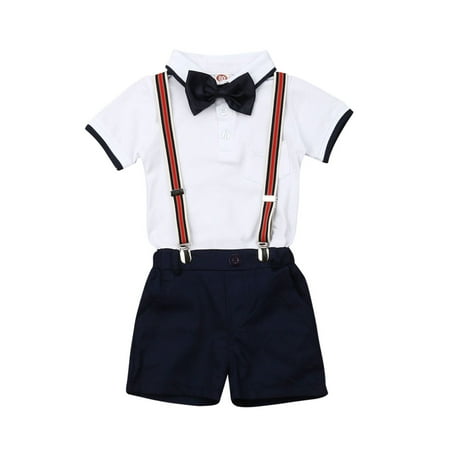 

Bagilaanoe 2Pcs Toddler Baby Boy Short Pants Set Short Sleeve Shirts Tops with Bow + Suspender Shorts 18M 24M 3T 4T 5T Kids Summer Formal Gentleman Outfits