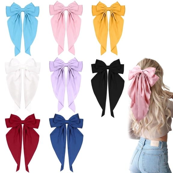 8 PCS Large Hair Ribbon Barrettes with Long Tails for Women & Girls Vintage French Hair Accessories - Bow Clips in 8 Colors