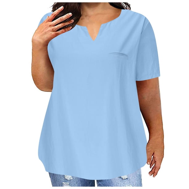 Top de Manga Corta de Verano para las Mujeres de Tamaño Grande Falso Bolsillo V-Cuello Camiseta, Mezcla de Poliéster Algodón Spandex Top Casual, Lavado a Mano Más Tamaño