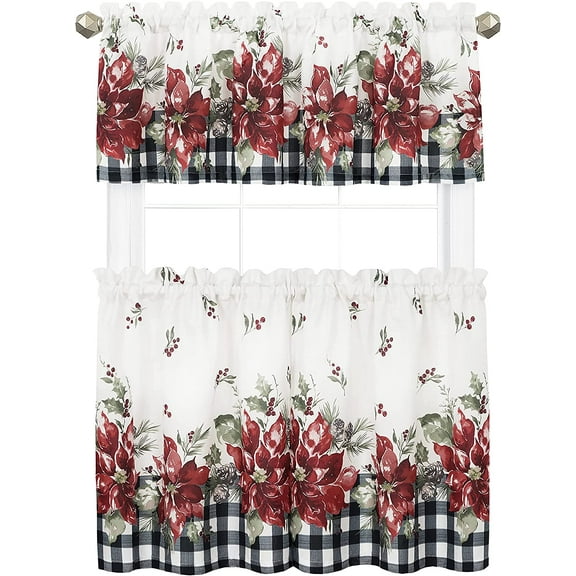 Newbridge Poinsettia Festivity Gingham Bordered Christmas Fabric Tier Curtain and Valance Set, Country Cottage Christmas Tier Set, 24” Long Tier Pair and Valance - 60" x 24" (Set of 2 Tiers & Valance)