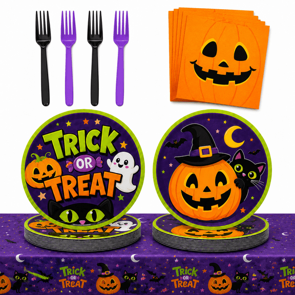 97 Pcs Halloween Party Plates, Pumpkin Party Supplies for 24, Halloween Party Tableware Set for Birthday Parties, Home Decorations and Holiday Celebrations