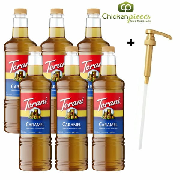 Torani Sirop Aromatisé au Caramel, Base de Café Professionnelle Onctueuse et Riche, Bouteille en Plastique 1 L Résistante aux Bris + Pompe Doseuse Bonus