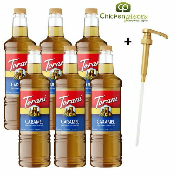 Torani Caramel Flavoring Syrup, Professional Buttery & Rich Cafe Base, Shatter-Resistant 1L Plastic Bottle + Bonus Squeeze Pump
