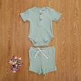 thumbnail image 2 of Qiylii Baby Ribbed Outfit Short Sleeve O Neck Romper+Drawstring Shorts,0-24M, 2 of 9