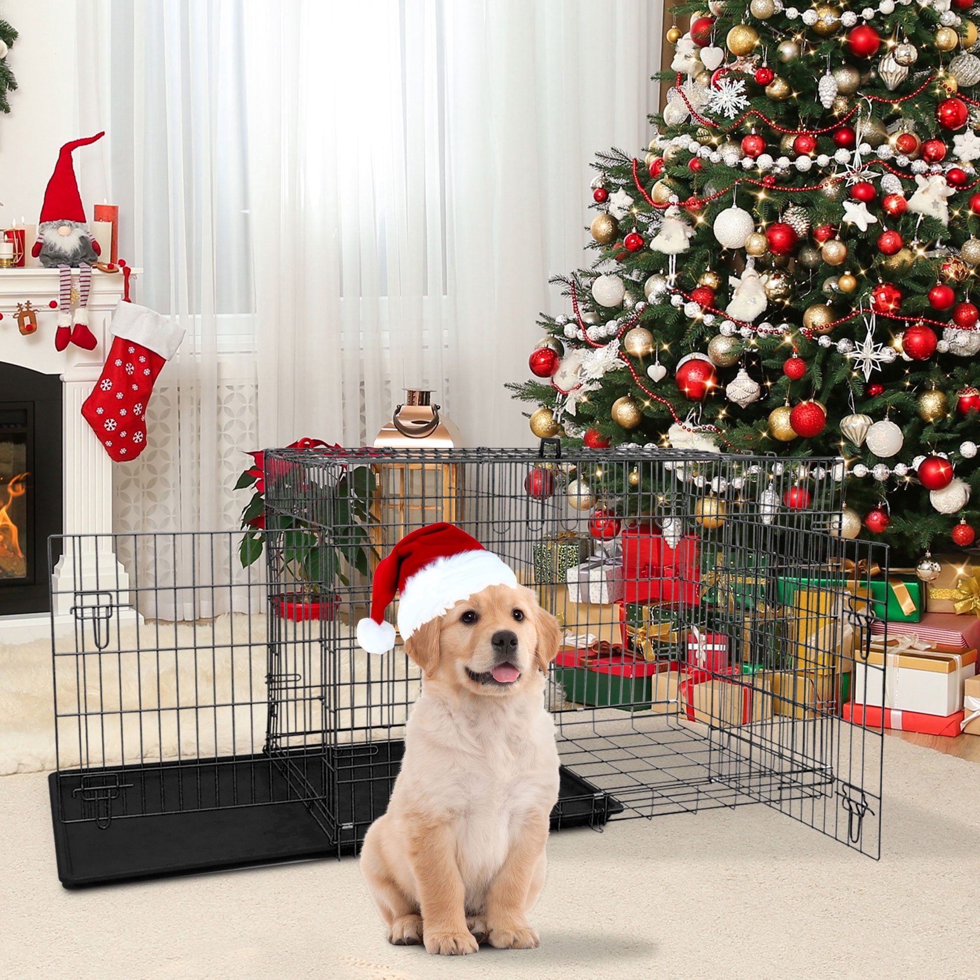 YRLLENSDAN 30in Dog Crates for Medium Dogs, Dog Kennel Indoor Dog Cage Metal Dog Crate with Divider & Double-Door Dog Kennels Foldable Dog Crate, Black