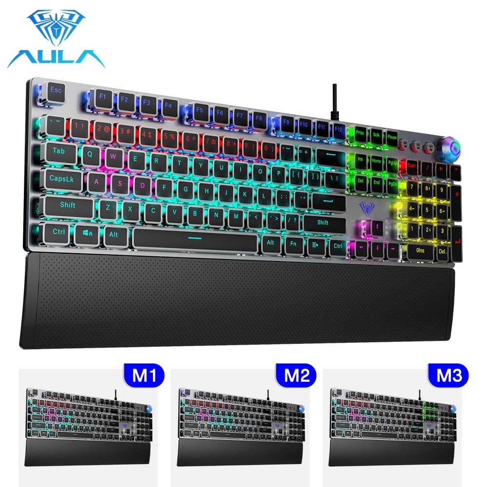 AULA F2088/F2058 Mechanical Gaming Keyboard Detachable wrist rest  Multimedia Knob, 104 Keys Anti-ghosting Marco Programming metal panel LED  Backlit keyboard for PC Gamer (Punk keycap) 