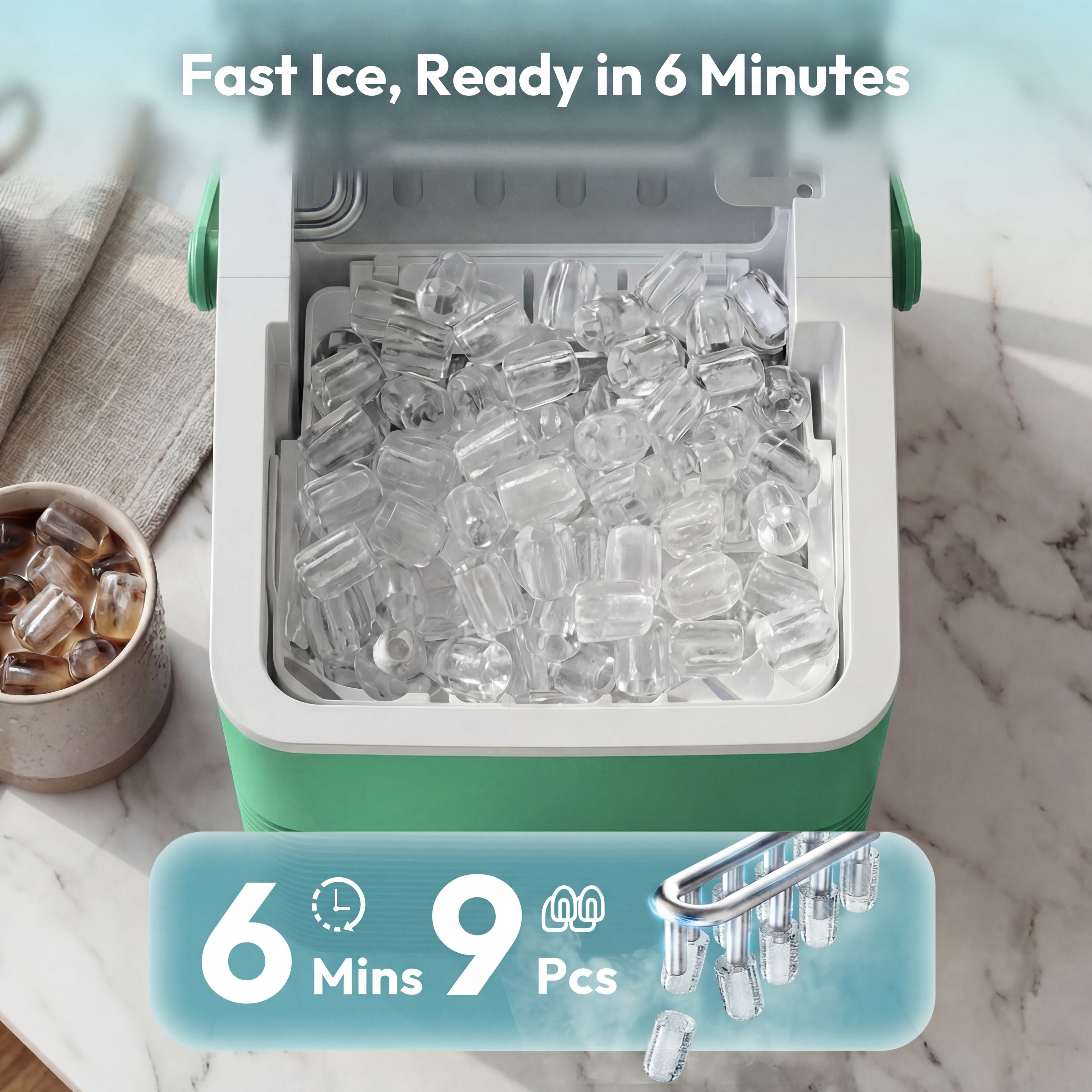 EUHOMY Countertop Ice Maker, 26 lbs/Day Portable Bullet Ice Machine, Self-Cleaning, Compact Design, Green