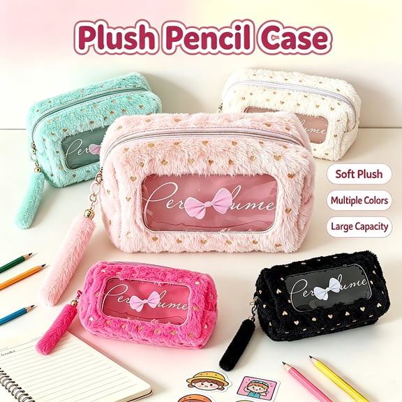 Aoznliie Plush Pencil Case, Cute Large Capacity Bowknot Pen Bag with Clear Window & Smooth Zipper for Girls Students Office, 9.3 Inches