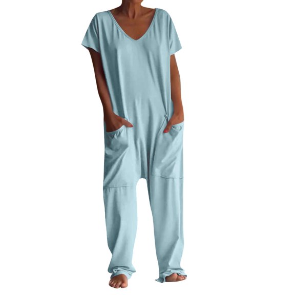 Harem Jumpsuits For Women Casual V Neck Short Sleeve Romper Baggy Loose Fit Wide Leg Overalls with Pockets One Piece Onesie