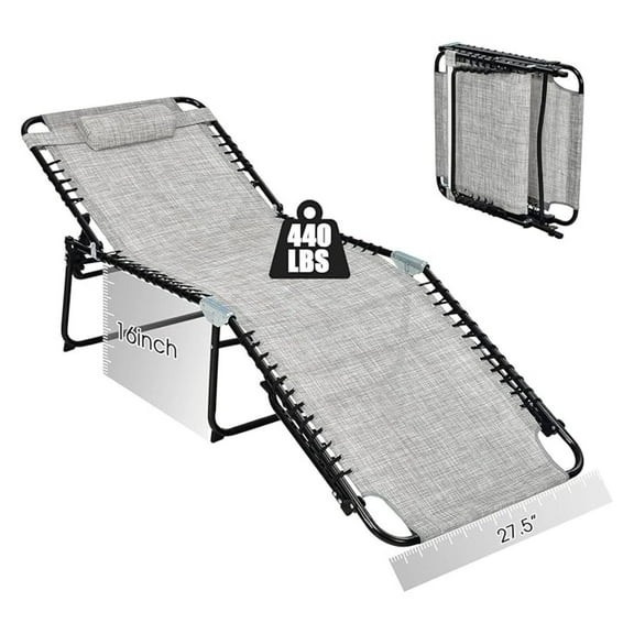 Lounge Chair for Outside, 440lbs 27” Oversize Folding Beach Tanning Sunbath Chair with Adjustable Backrest & Removable Pillow, Lightweight Portable Patio Lounger for Lawn Poolside (1, Grey)