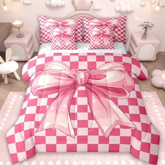 Erosebridal Girls Pink Bowknot 7-Piece Twin Bedding Sets,Kids Geometric Grid Printed Bedding Comforter Set,Reversible