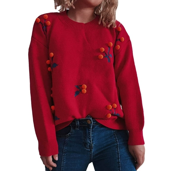 UJNDER Crew Neck Long Sleeve Cherry Jacquard Knit Pullover Sweater for Women Red XL