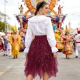 thumbnail image 5 of Women's Asymmetrical Skirt with Star Print, Sequin Embellished Puff Tulle Hemline, Elastic Waist Party Skirt for Festivals, Concerts and Special Occasions,Wine,M, 5 of 6