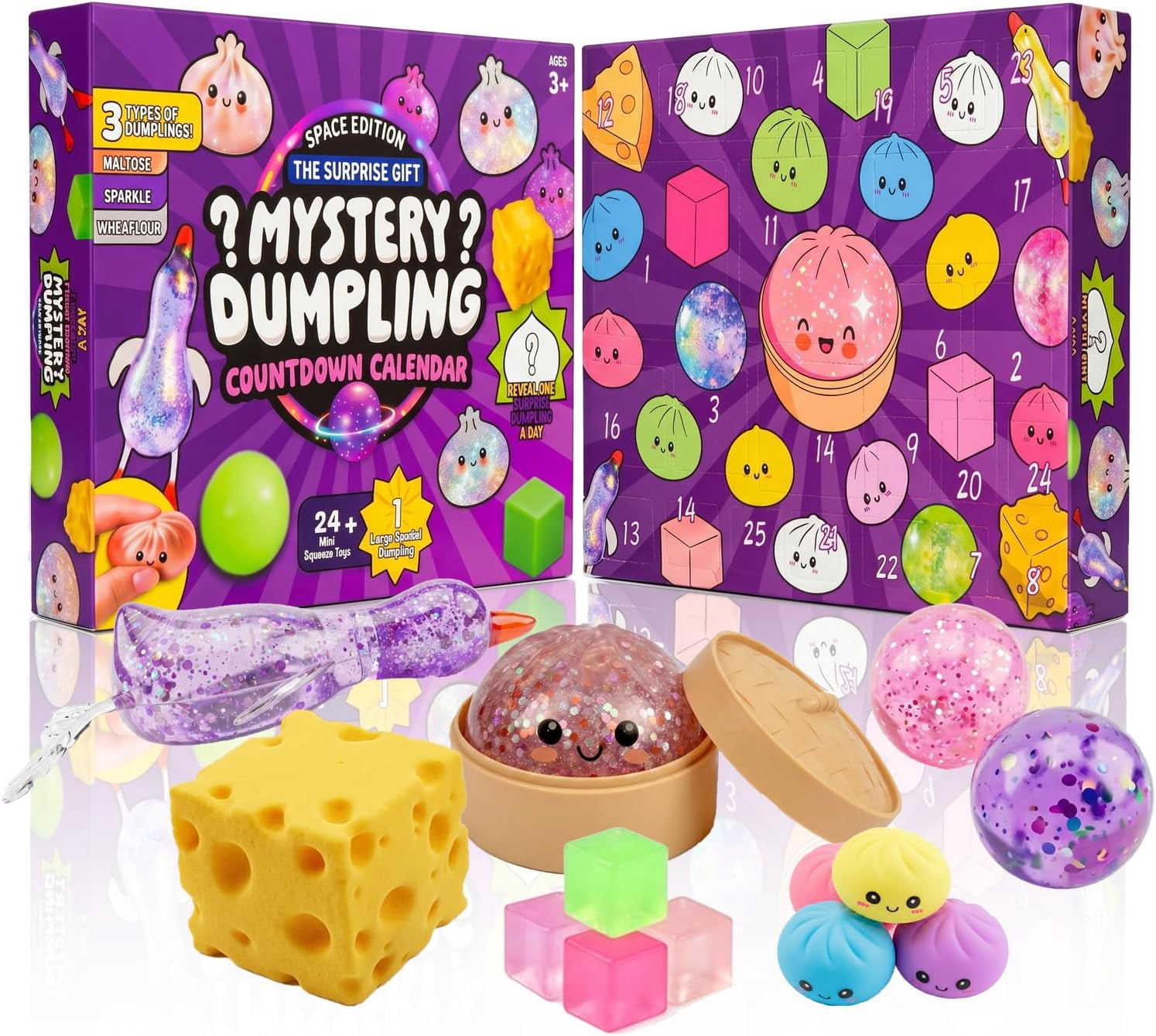 2026 Squishy Advent Calendar, 25 Day Christmas Countdown with Dumpling, Cheese, Glitter Ball & Surprise Squishies, Food-Inspired Collectible Collection, Holiday Gift Box, Mystery Countdown Calendar