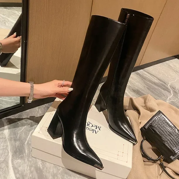 Botas altas con punta estrecha para mujer, botines largos con cremalleras laterales a la moda, zapatos de tacón alto elegantes para fiesta, calzado de invierno para mujer