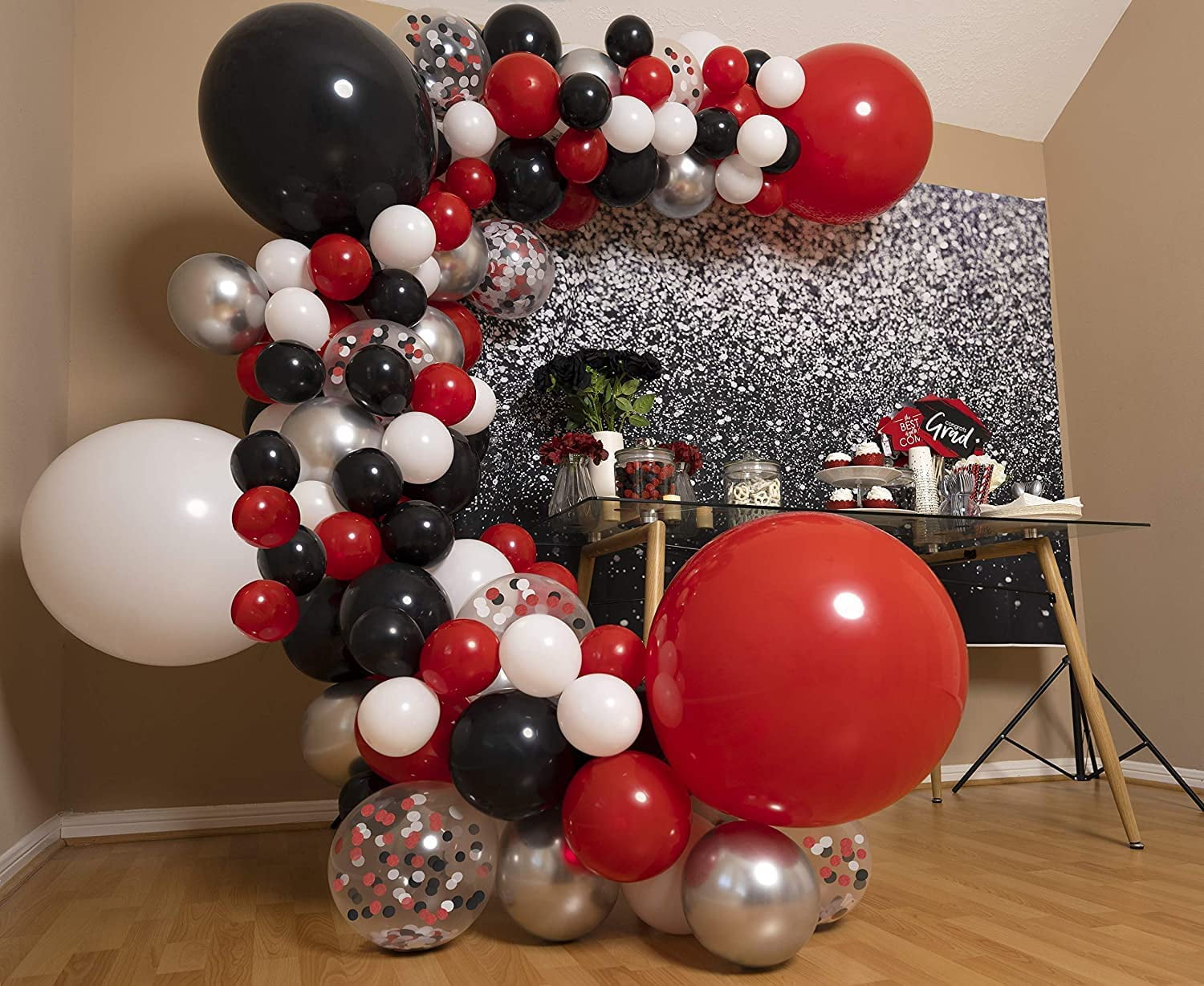 ballooncolumns #DD4L #red #black #silver  Silver party decorations, Red  party decorations, Party decorations