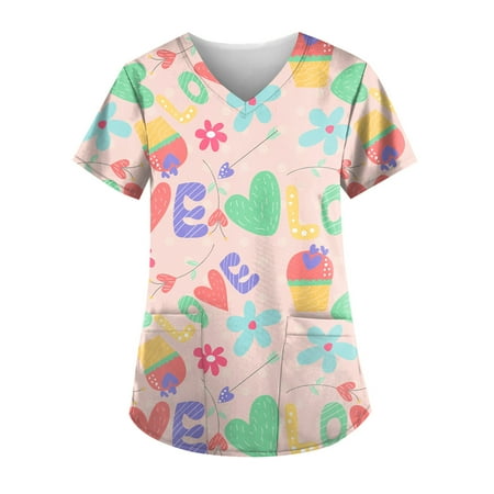 

QWERTYU Professionals Scrubs Top for Women V Neck Graphic Nursing Scrubs Working Short Sleeve Uniform Pockets Holiday T Shirt Green L