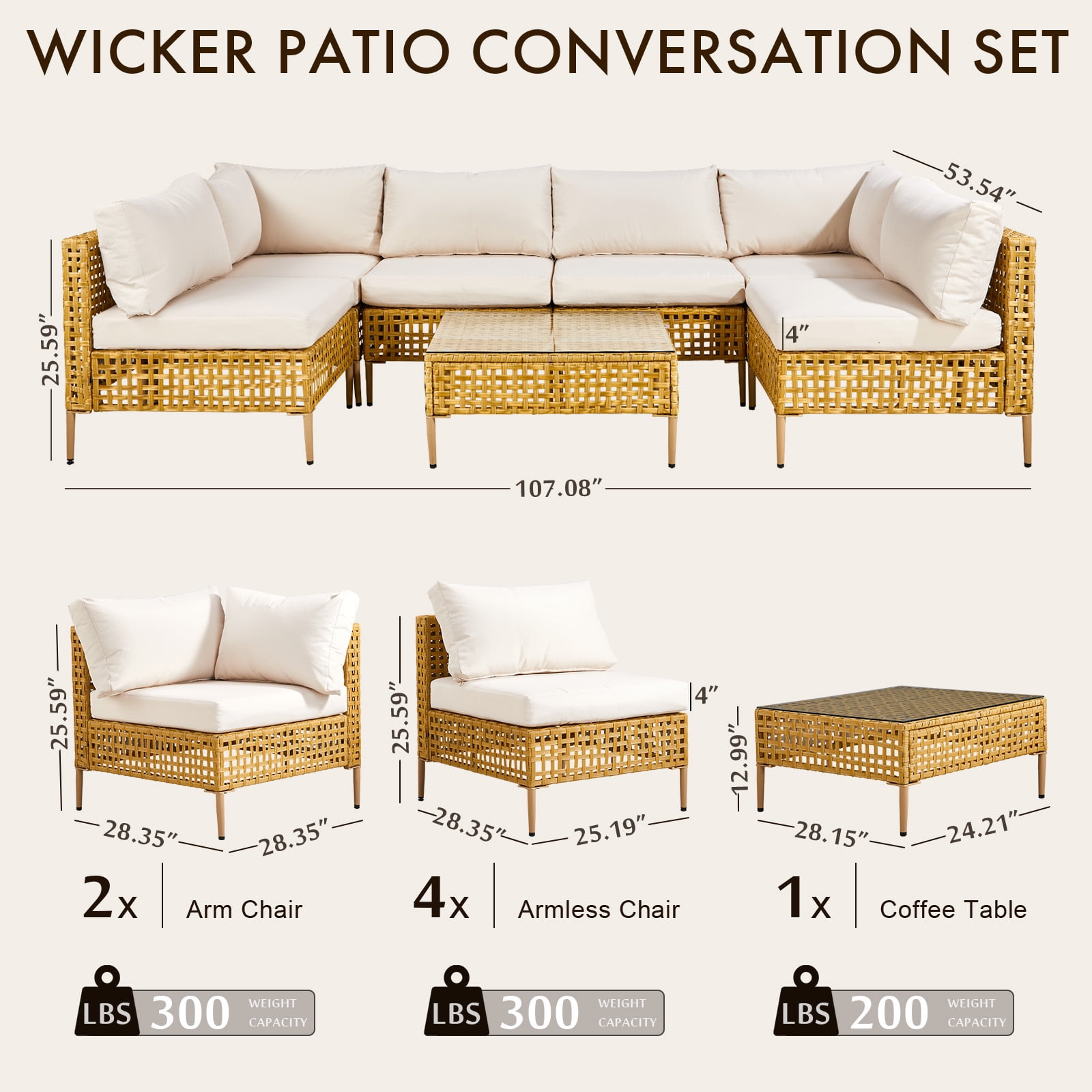 Ktaxon 7PC Wicker Patio Furniture Set Outdoor Sectional Sofa with Water Resistant Cushions, Glass Coffee Table, Boho Conversation Set Beige
