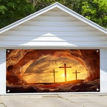 8X6 ft Easter Tomb Backdrop Fabric Resurrection of Jesus Christ Cross Empty Tomb Stone Hole Backdrop Holy-Light Sunset Crucifix Christianity Church Easter Events Indoor Outdoor Decor Banner Cover