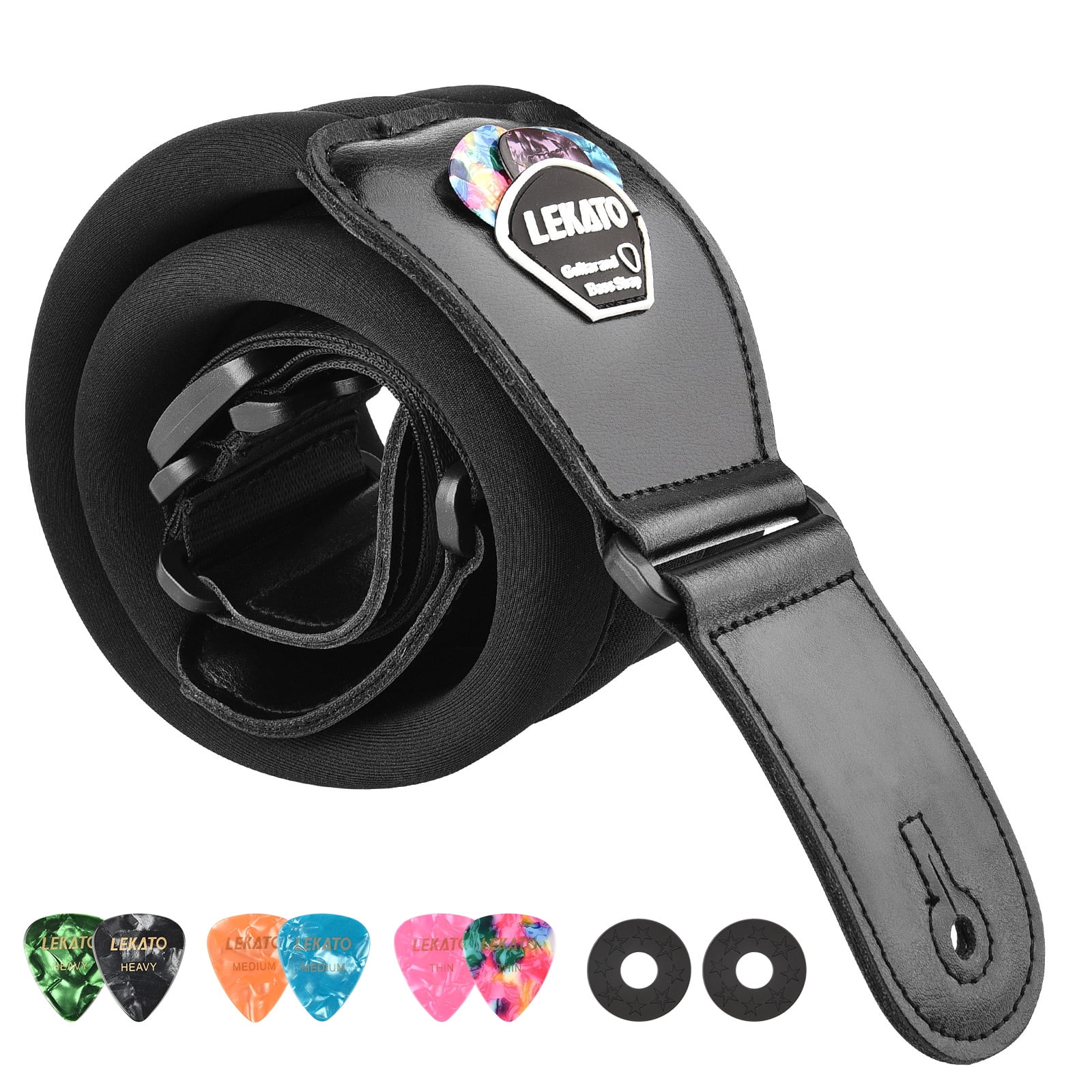 LEKATO Bass Guitar Straps for Electric Guitar & Bass 3" Wide Padded Straps Adjustable Length from 45" to 55" Bass Guitar Strap with Pick Holder 2 Safety Strap Locks & 6 Picks