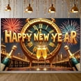 thumbnail image 2 of Golden Theme Happy New Year Banner Clock Design New Year Banner Fireworks Pattern Champagne Elements Celebration Banner for New Year Party New Year's Eve Celebration Indoor Decoration, 2 of 8