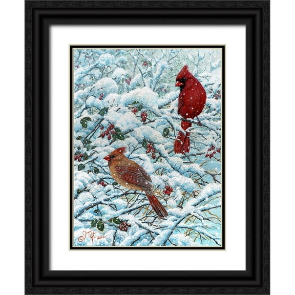 Tift, Jeff 12x14 Black Ornate Wood Framed with Double Matting Museum Art Print Titled - Winter Cardinal Painting