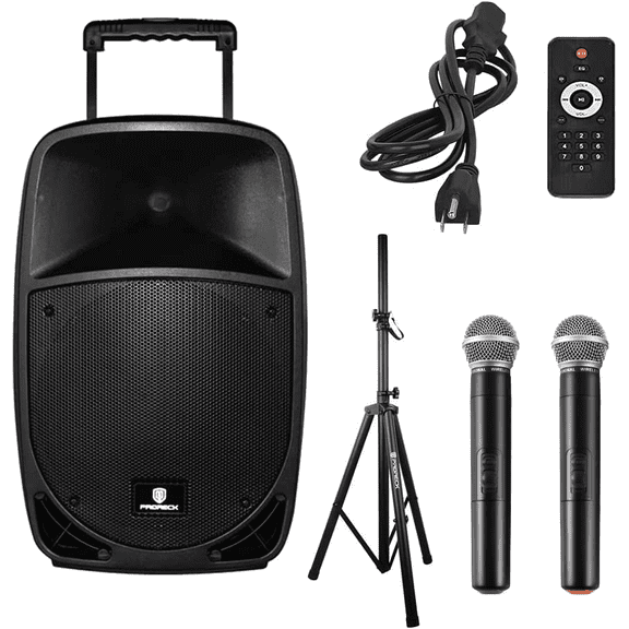 Freedom15 15" Portable Battery‑Powered PA Speaker, 800W Peak, Bluetooth, 2 Wireless Mics, Trolley Handle, Wheels & Stand