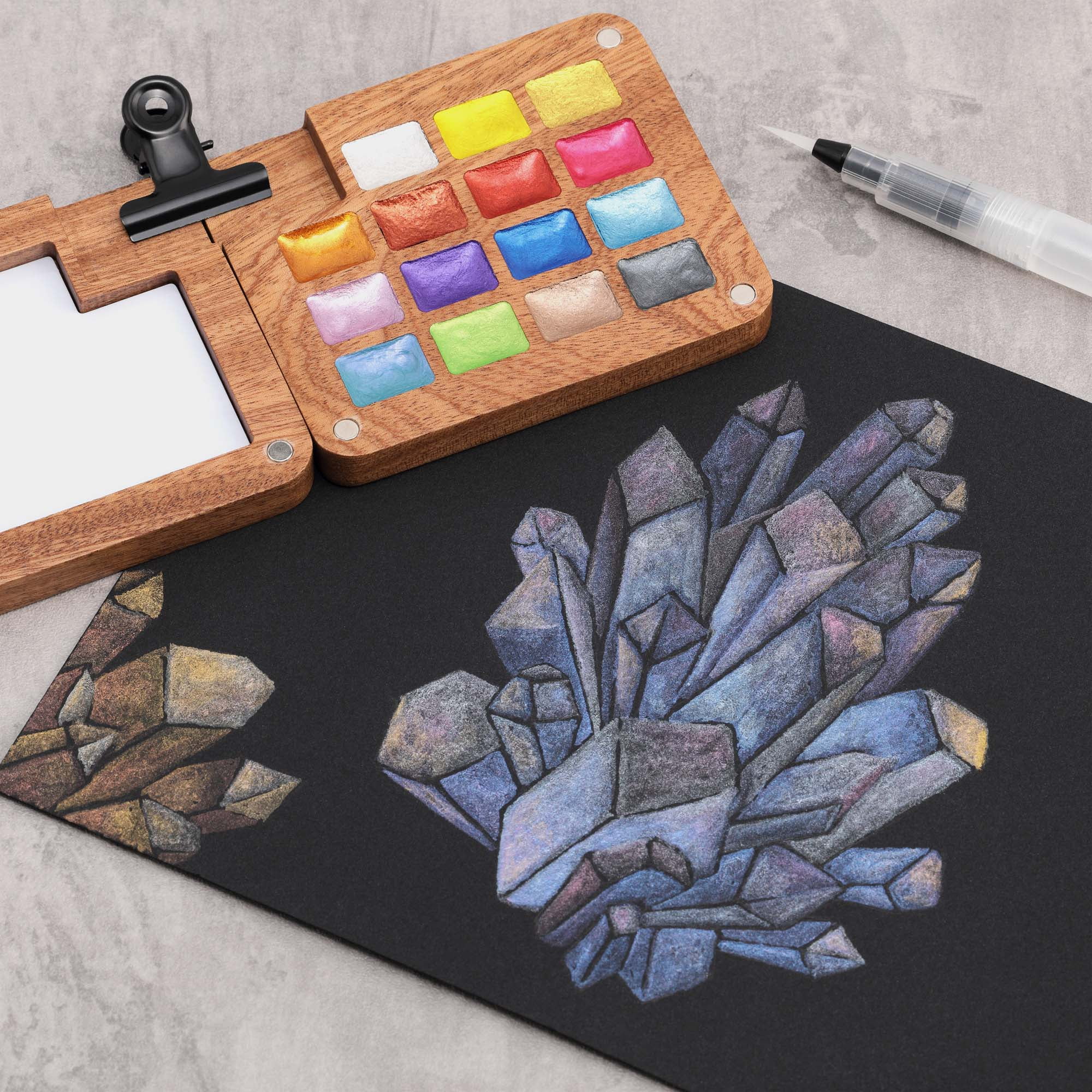 SoHo Urban Artist Mini Wooden Travel Watercolor Set of 15 Metallic Paints - Professional Watercolor Paint Set for Plein Air Artists, Semi-Moist Pans, Pocket-Sized Magnetic Wood Case with Mixing Area