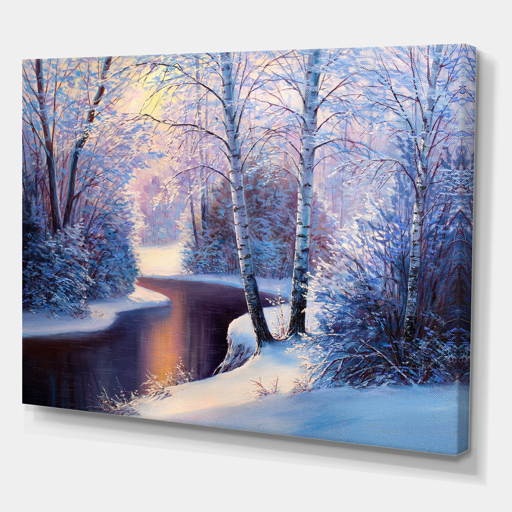Christmas Forest With Trees and River I 32 in x 24 in Painting Canvas Art Print, by Designart