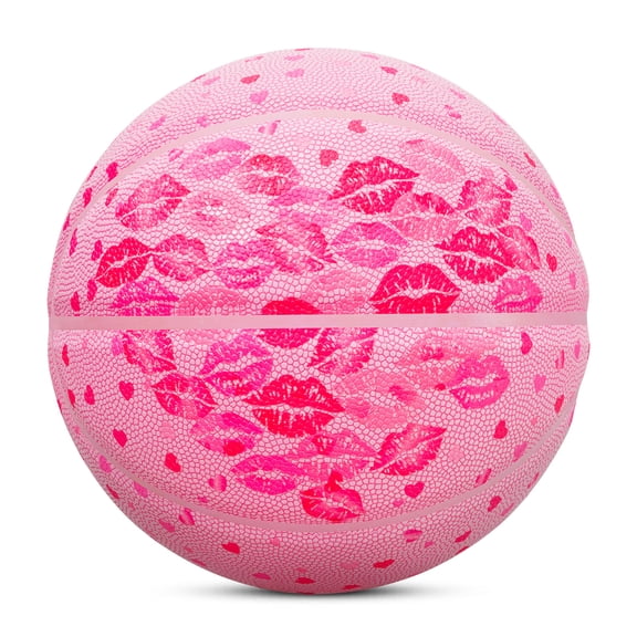 Kuangmi Size 6 Basketball (28.5") - Pink Lip Print & Heart Graphic PU Ball, Playful Patterned Indoor Outdoor Sports for Young Adults